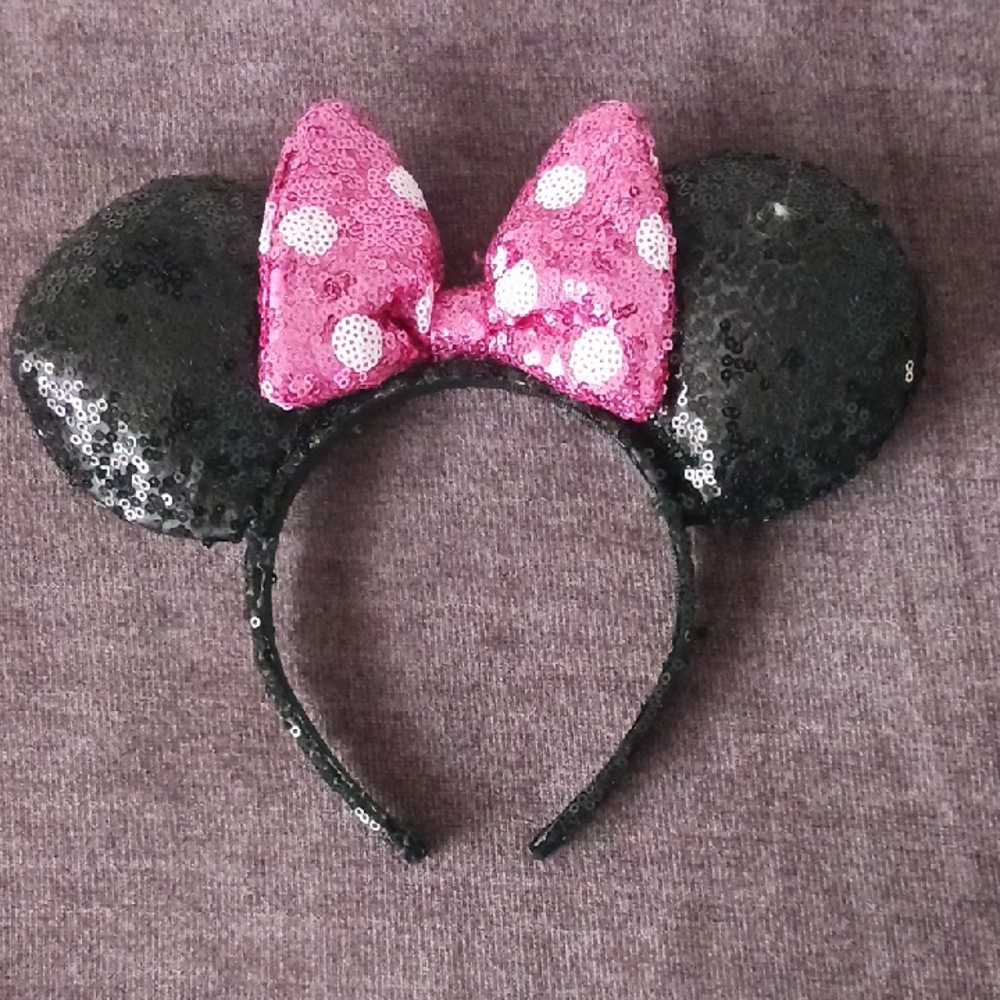 Disney Sequin Black Ears Headband with Pink Bow